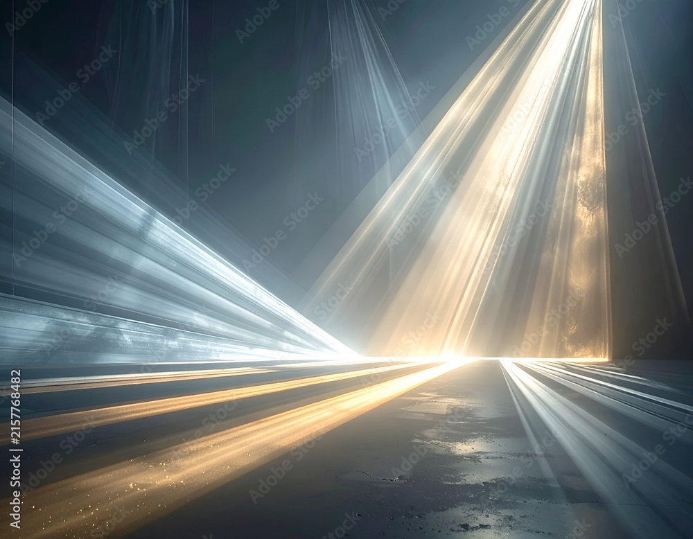 Fototapeta premium Dynamic white and gold light trails on dark floor.