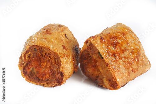 deep fried crab meat rolls or hoi jo on white background