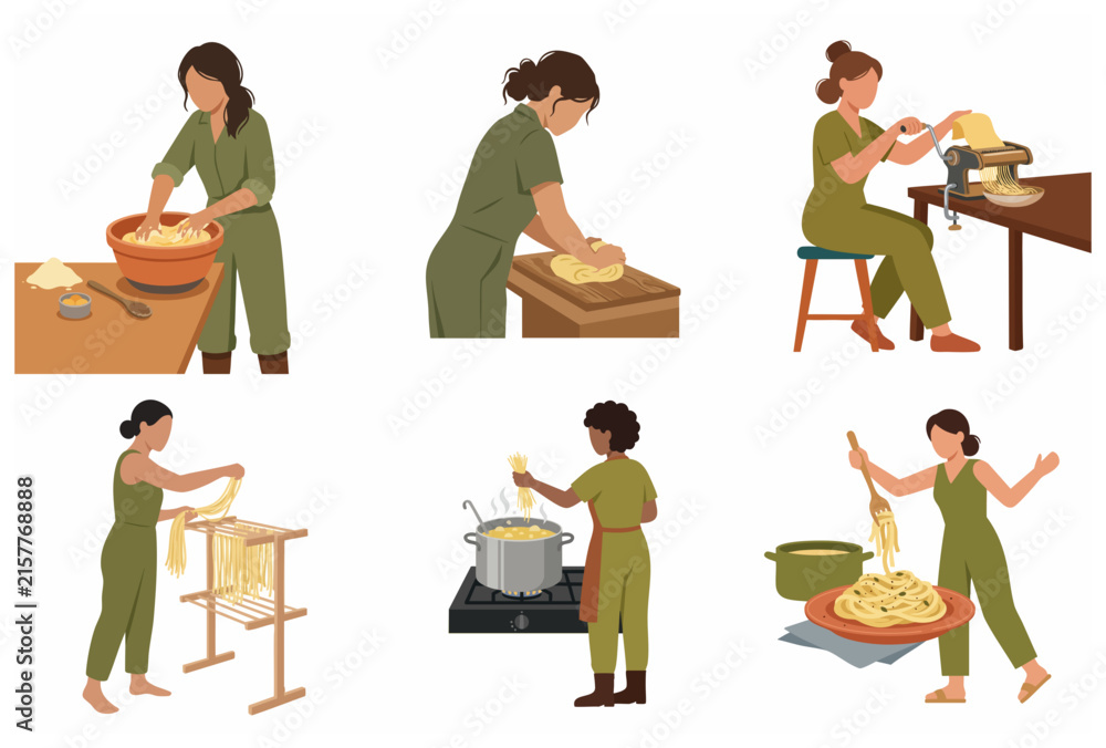 Fototapeta premium Set of women making homemade pasta from scratch, kneading dough, using a pasta machine, drying, and cooking delicious noodles, flat vector illustration.