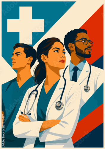 098-17-Healthcare professionals from diverse backgrounds standing together with stethoscopes, representing unity and teamwork