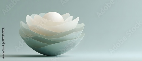 Soft 3D abstract translucent flower with pearl sphere in minimalist mint green studio for luxury cosmetic branding, spa advertising or serene wellness website banner