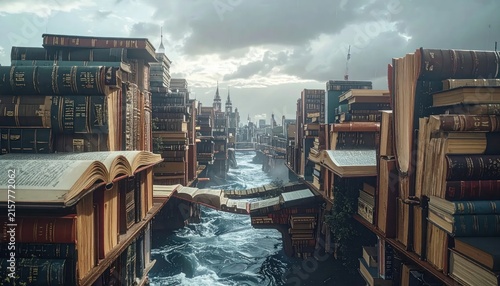Cityscape made of stacked books river.