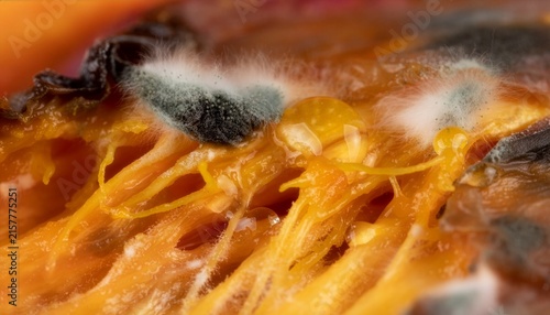 Extreme macro of rotten mango flesh, orange-yellow decomposing fibers, blackened areas, fuzzy mold growth and glossy moisture.