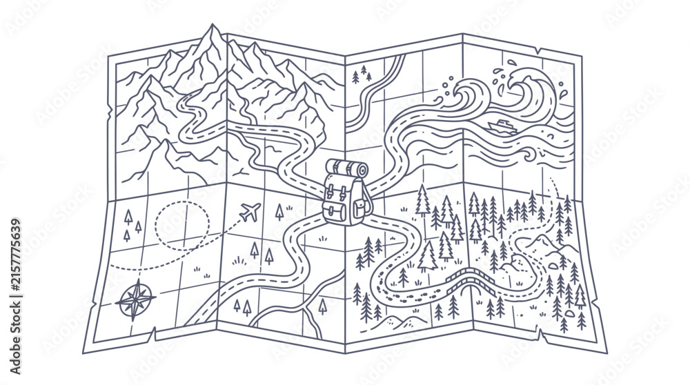 Fototapeta premium Hand drawn travel map illustration with backpack, mountains, forest and ocean routes
