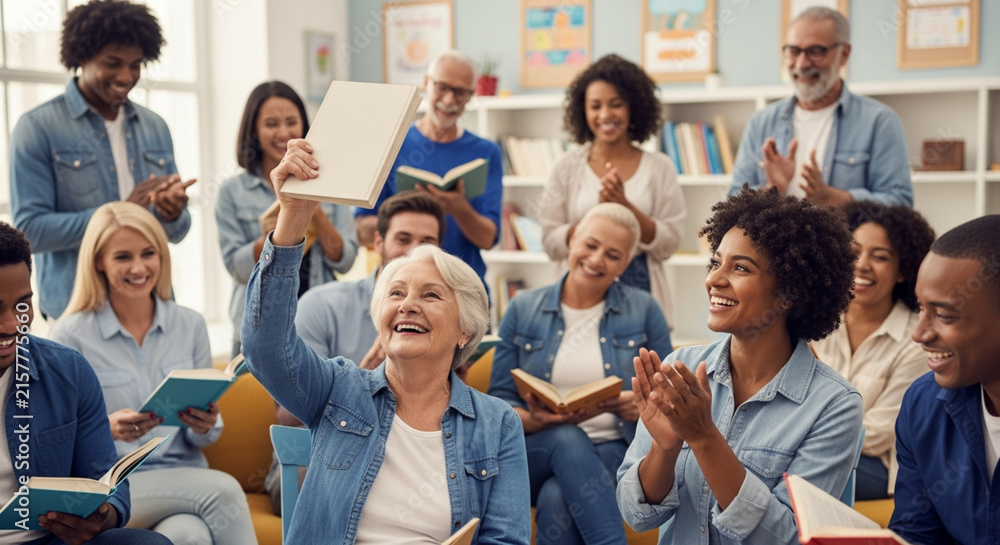 Obraz premium Diverse group of happy adults attending a book club meeting, smiling, discussing literature, and celebrating learning together in a bright community room