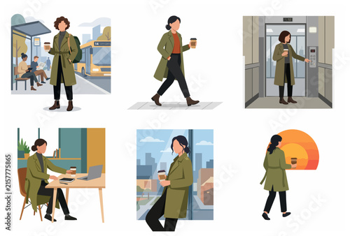 Flat vector illustration set of a modern woman's daily routine in the city, from commuting to work and relaxing with coffee