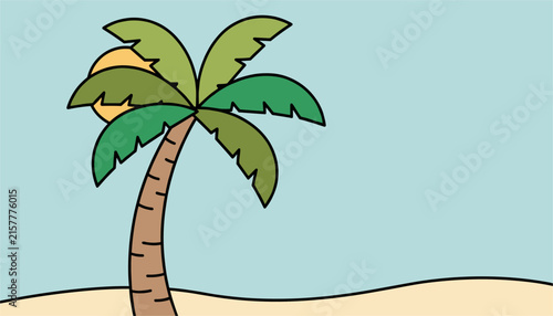 Tropical palm tree growing on a sandy beach under a clear blue sky with a warm yellow sun setting in the background.