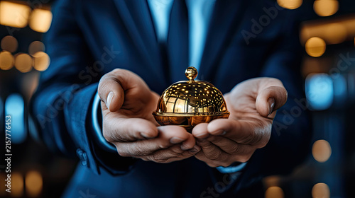 Concierge Hands Holding Golden Service Bell, Offering Hospitality and Excellent Customer Service Concept