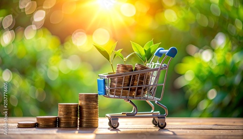 Miniature shopping cart beside ascending coin stacks, symbolizing financial growth, savings, investment, and consumer spending.