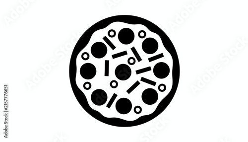 Top down view silhouette of a whole sliced pizza with various toppings in a black and white graphic illustration.