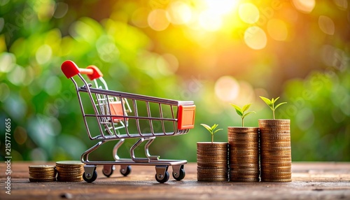 Miniature shopping cart beside ascending coin stacks, symbolizing financial growth, savings, investment, and consumer spending.