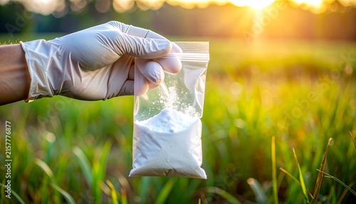 Gloved hand holding clear plastic bag with white powder, symbolizing forensic evidence, sampling, and investigative analysis outdoors.