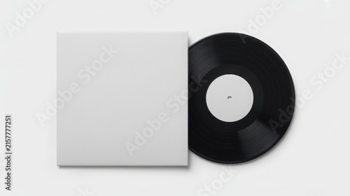 Top view of blank white vinyl record sleeve and black disc