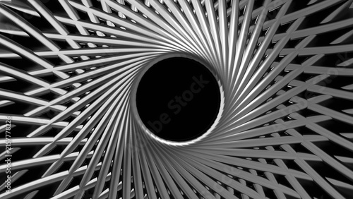 Abstract 3D metallic vortex background with center hole, futuristic silver metal spiral pipes geometric structure.