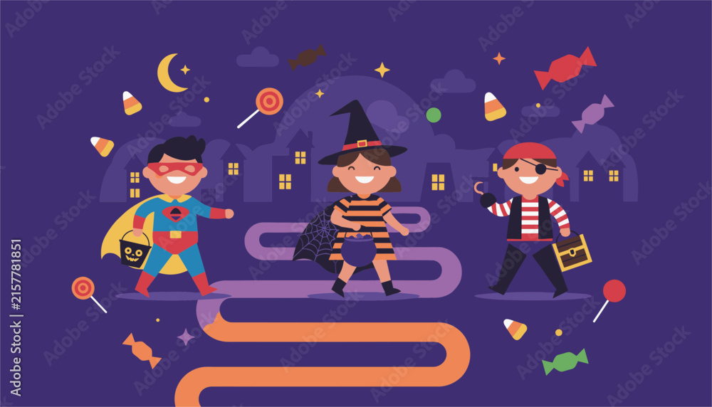 Naklejka premium Three cute children in superhero, witch, and pirate costumes trick-or-treating in spooky town at night, vector.