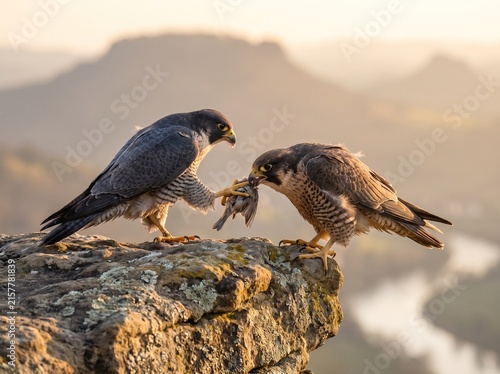 Fotografie Two peregrine falcons interacting and sharing food on a rocky mountain ledge in natural daylight