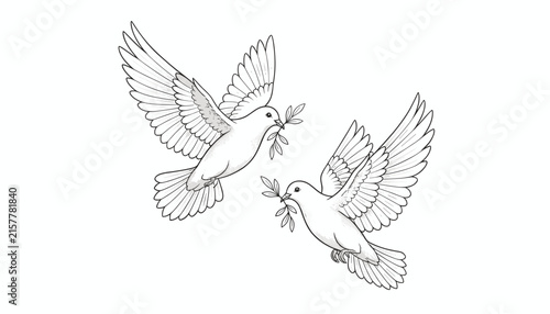 Two flying white peace doves carrying olive branches, beautiful line art sketch of hope and freedom, vector.