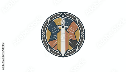 Powerful medieval emblem depicting a detailed silver sword overlapping a circular iron shield on a clean white background.
