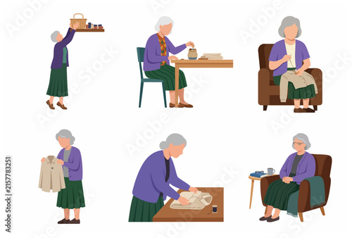 Set of flat vector illustrations of a senior woman doing various household activities including sewing, folding clothes, and relaxing in an armchair