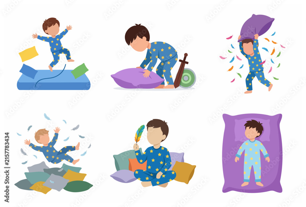Fototapeta premium Cute little boy in pajamas playing and sleeping with pillows set, childhood bedtime routine illustration