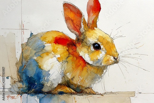 Watercolor Bunny Resting Peacefully in Soft Colors and Gentle Strokes Generative AI