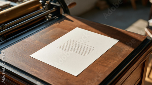 Aged letterpress printing platen resting in a modest home workshop, a single sheet of thick cotton paper freshly pulled from the press showing rich ink impression, warm natural