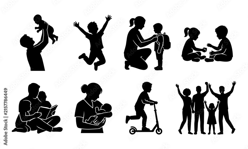 Obraz premium Collection of diverse family and children activity silhouettes for parenting education recreation and community lifestyle concepts