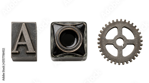 Vintage mechanical and writing objects on a transparent background
