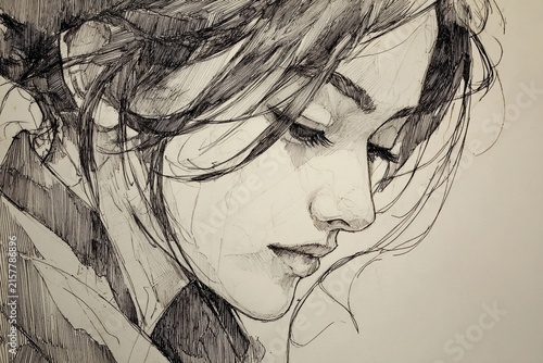 Intricate Pencil Drawing Revealing the Beauty of a Serene Character in Contemplation Generative AI
