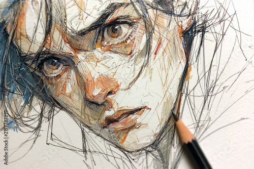 Character Caught in a Moment of Panic With Intense Eyes and Expressive Lines Generative AI