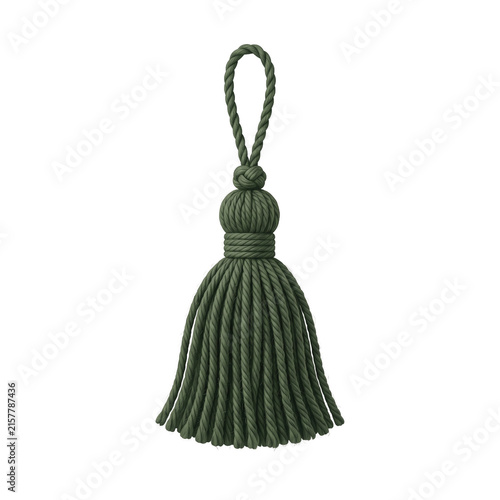 A single decorative dark green rope tassel isolated on a white background.