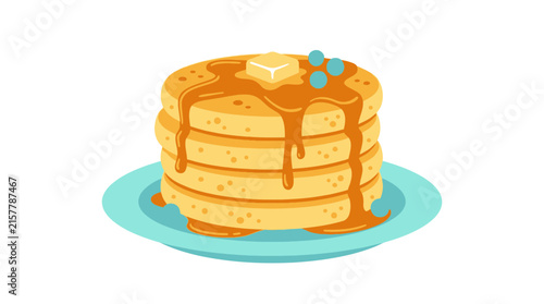 A delicious stack of pancakes with melting butter and maple syrup.