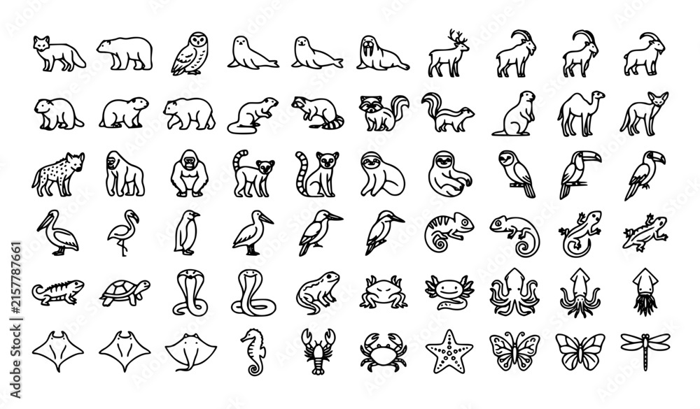 Obraz premium 50 Animal Habitat Wildlife and Nature Editable Outline Vector Icons