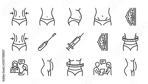 Liposuction Plastic Surgery and Body Contouring Line Icon Set Featuring Weight Loss Slimming Waist Injections and Medical Consultation Symbols for Clinics