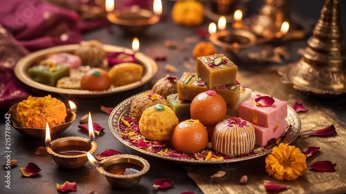 Traditional Indian sweets arranged on ornate golden plates surrounded by flickering clay lamps during Diwali festival