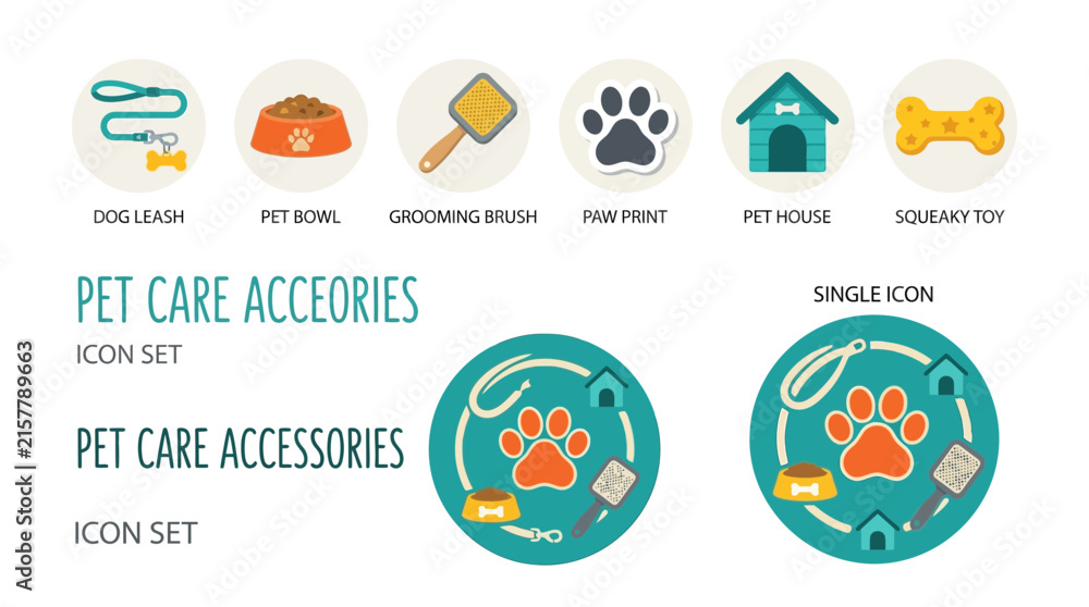 Fototapeta premium Pet care accessories icon set with dog leash, bowl, brush, toy
