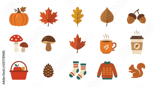 Autumn season icons collection with leaves, pumpkin, coffee, and squirrel.