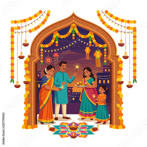 Indian family celebrating Diwali festival with oil lamps and sparklers near a decorated archway
