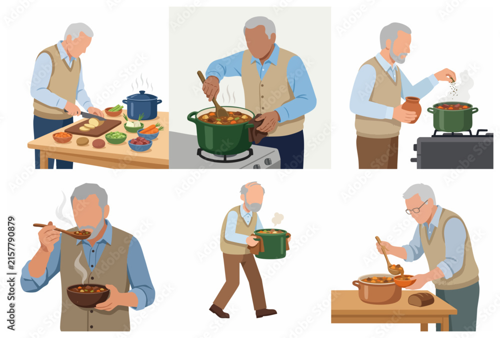 Fototapeta premium Senior man preparing healthy homemade soup and vegetables in kitchen, flat vector illustration set