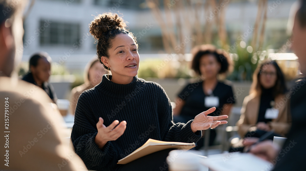 Obraz premium A hospital journaling workshop coordinator leads a rooftop healing session in a clinical atrium garden with a diverse team of nurses and occupational therapists, urban planter