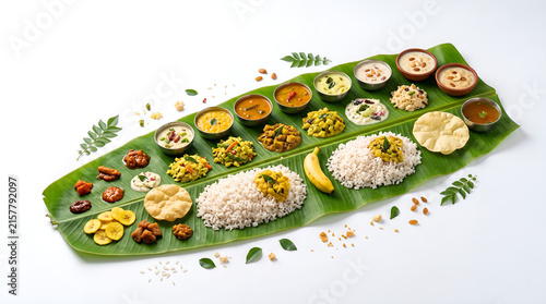 Traditional South Indian Onam Sadhya Feast with Vegetarian Dishes Served on Banana Leaf, Overhead View, Kerala Cuisine