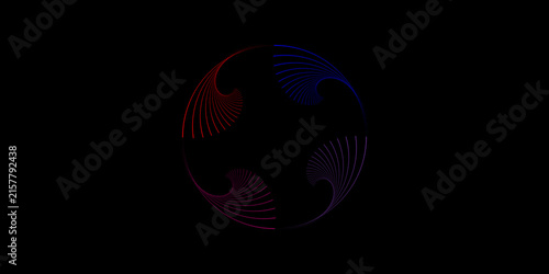 Abstract circular geometric pattern with red and blue lines on black background