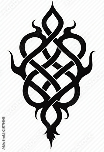 Black tribal knotwork design with flowing curved patterns and symmetrical shapes