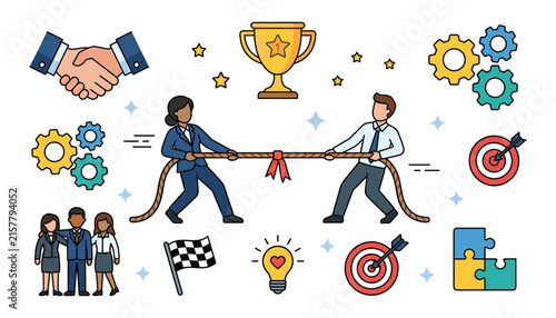 Business Competition and Teamwork Vector Concept Set with Corporate Professionals Playing Tug of War Trophy Cup Handshake and Strategic Office Collaboration Elements