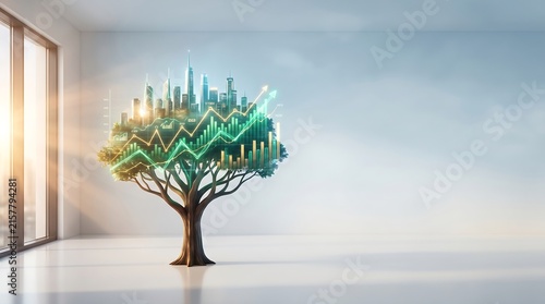 Sustainable Growth: Cityscape and Financial Charts on a Tree