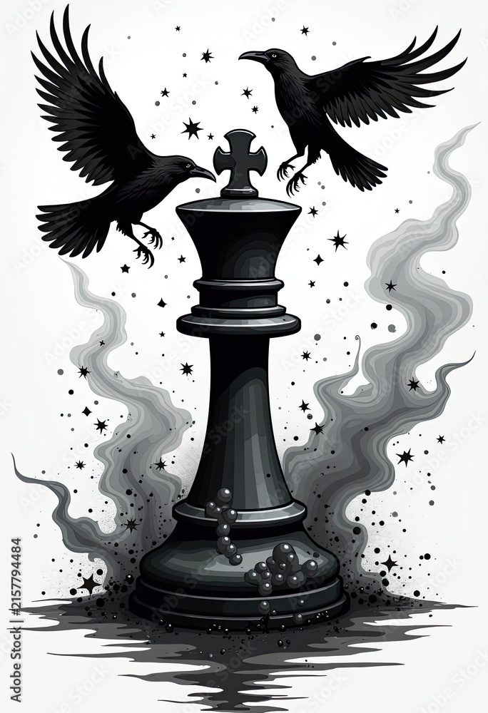 Fototapeta premium Two ravens fly around a black chess king piece with smoke and stars
