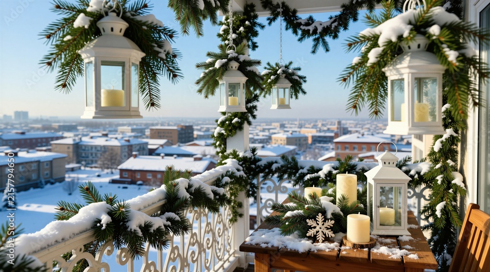 Fototapeta premium Cozy winter balcony decorated with pine branches, white lanterns. Snowy cityscape view from terrace during Christmas holiday season. Wooden table features candles, festive ornaments. Beautiful