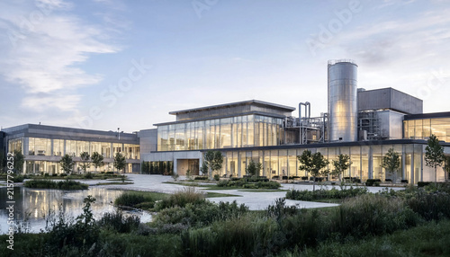 Contemporary eco-industrial corporate headquarters with illuminated glass facade industrial towers landscaped courtyard at twilight architecture building industrial sustainable
