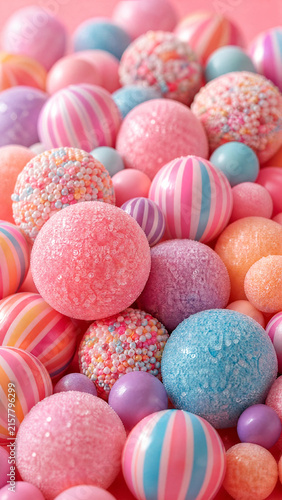 Assortment of colorful pastel candy spheres with sugary textures and striped patterns arranged in a dense pile for a sweet dessert and confectionery background treat concept bright lighting