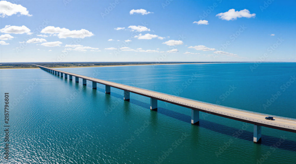 Fototapeta premium Long bridge crosses over bright blue ocean water. A single car drives on the causeway under a clear sky with fluffy clouds. The bridge connects landmasses over the vast sea.